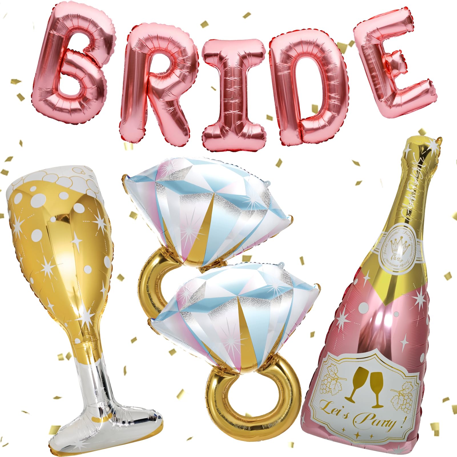 BSRESIN 9 Pcs Rose Gold Bride Balloons – BRIDE Letter, Champagne & Goblet Foil Decor