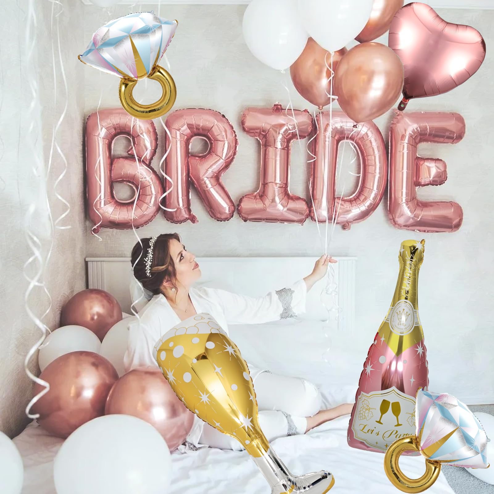 BSRESIN 9 Pcs Rose Gold Bride Balloons – BRIDE Letter, Champagne & Goblet Foil Decor