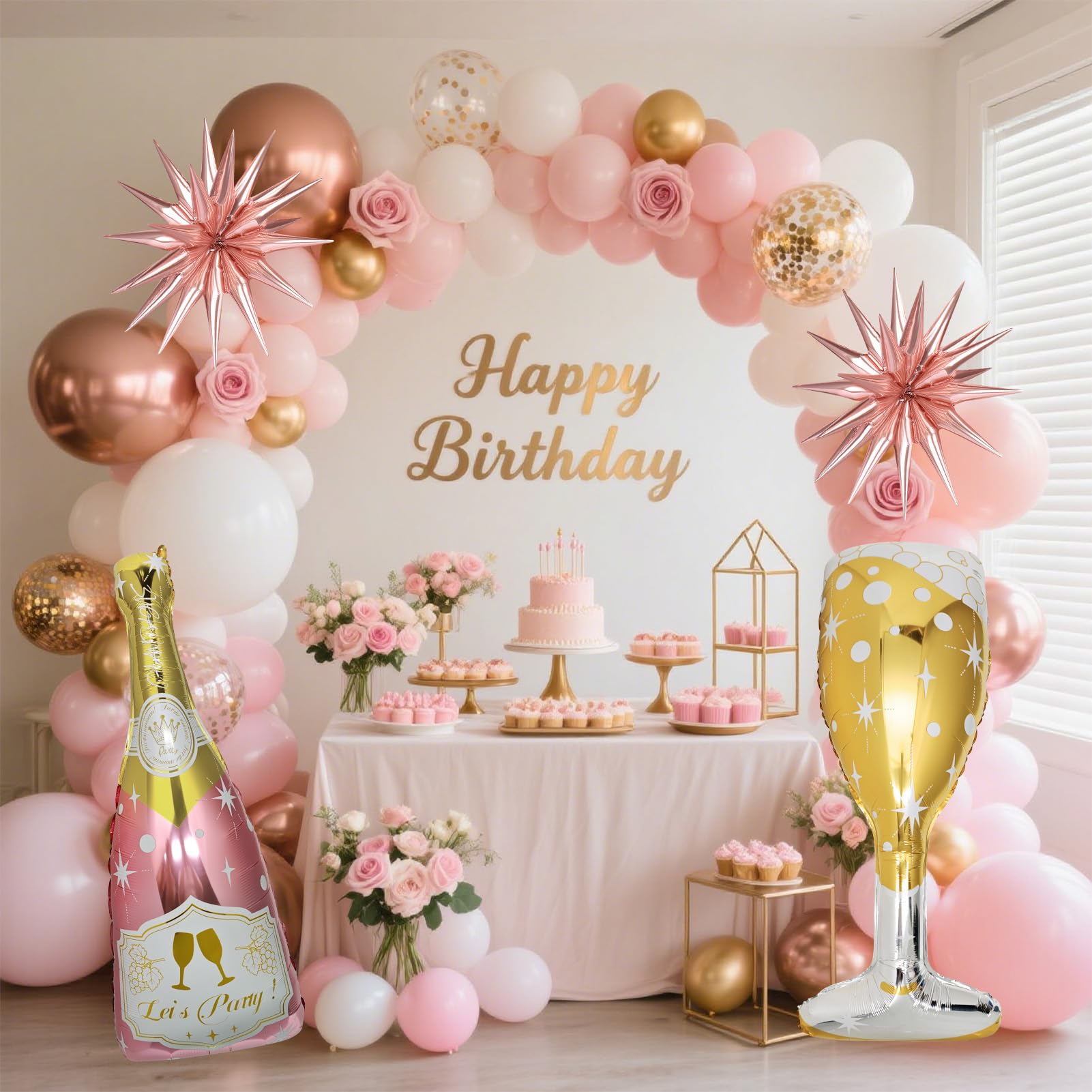 BSRESIN 91 Pcs Rose Gold Balloons Set – Champagne Bottle & Goblet Foil Balloons for Weddings & Parties