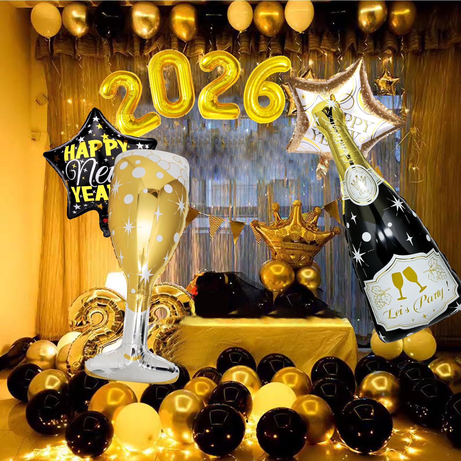 BSRESIN 106 Pcs Gold Happy New Year Balloons – Black & Gold Champagne Bottle & Goblet Foil Set for NYE 2026