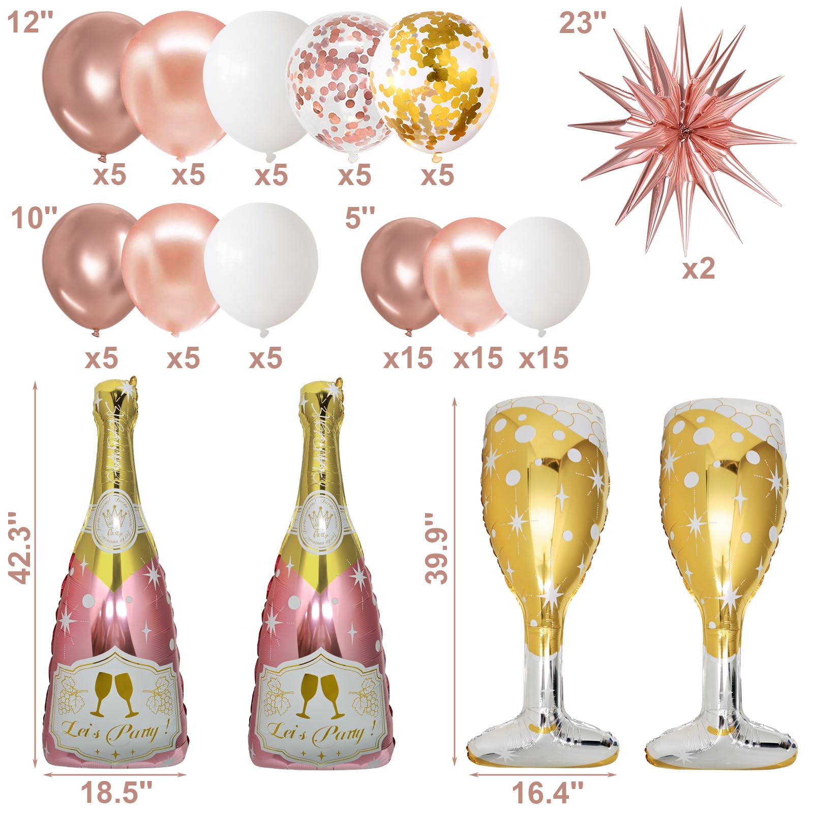 BSRESIN 91 Pcs Rose Gold Balloons Set – Champagne Bottle & Goblet Foil Balloons for Weddings & Parties