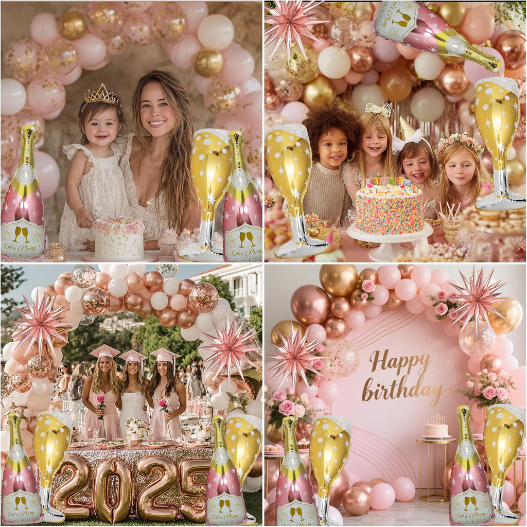 BSRESIN 91 Pcs Rose Gold Balloons Set – Champagne Bottle & Goblet Foil Balloons for Weddings & Parties