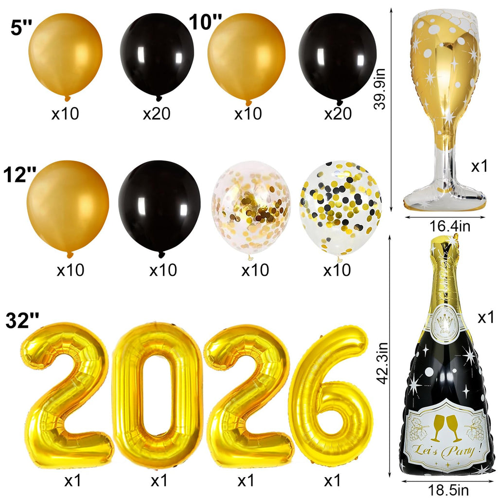 BSRESIN 106 Pcs Gold Happy New Year Balloons – Black & Gold Champagne Bottle & Goblet Foil Set for NYE 2026