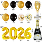 BSRESIN 106 Pcs Gold Happy New Year Balloons – Black & Gold Champagne Bottle & Goblet Foil Set for NYE 2026