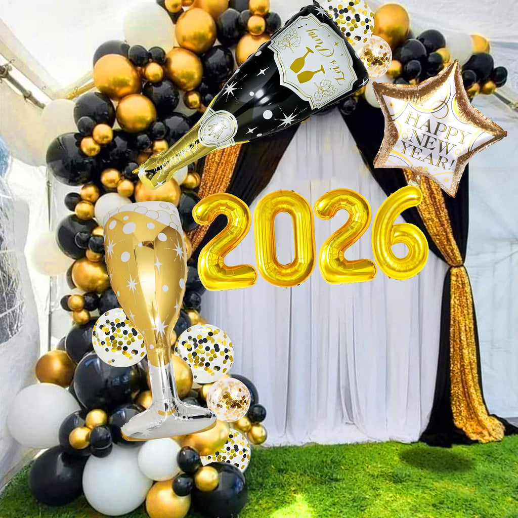 BSRESIN 106 Pcs Gold Happy New Year Balloons – Black & Gold Champagne Bottle & Goblet Foil Set for NYE 2026
