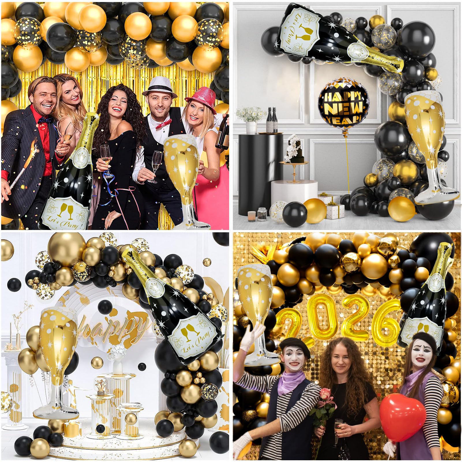 BSRESIN 106 Pcs Gold Happy New Year Balloons – Black & Gold Champagne Bottle & Goblet Foil Set for NYE 2026