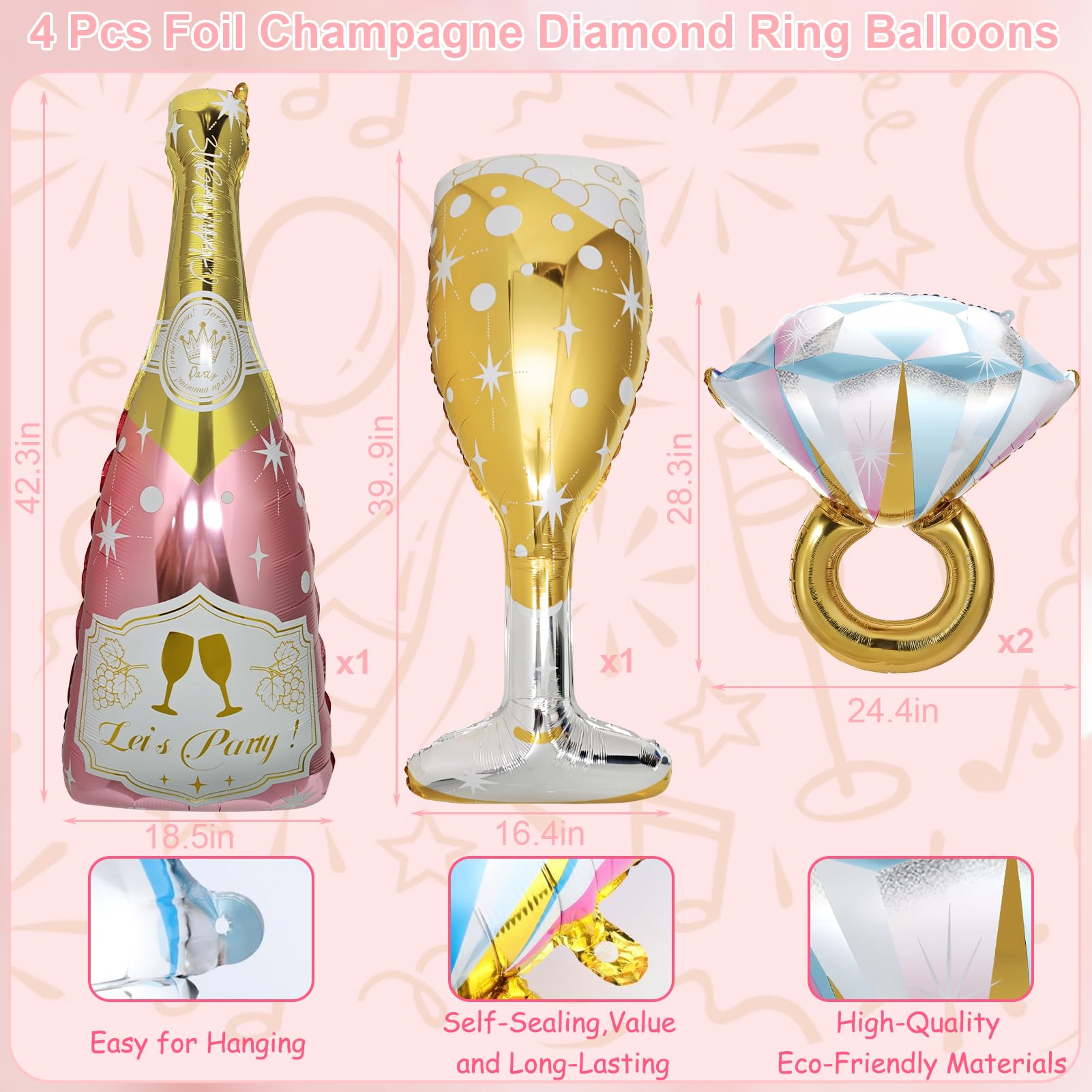BSRESIN 4 Pcs Rose Gold Bachelorette Balloons: Champagne Bottle, Goblet & Ring Foil Set
