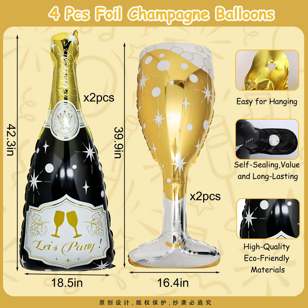 BSRESIN 4-Pack Black Gold Champagne Balloons – Bottle & Goblet Foil Decor