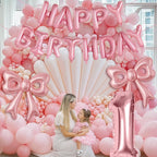 BSRESIN Pink Happy Birthday Balloons – 31-Inch Pink Bow Balloons + 16-Inch Birthday Balloon
