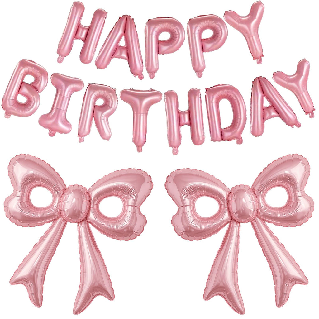 BSRESIN Pink Happy Birthday Balloons – 31-Inch Pink Bow Balloons + 16-Inch Birthday Balloon