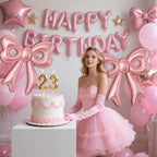 BSRESIN Pink Happy Birthday Balloons – 31-Inch Pink Bow Balloons + 16-Inch Birthday Balloon