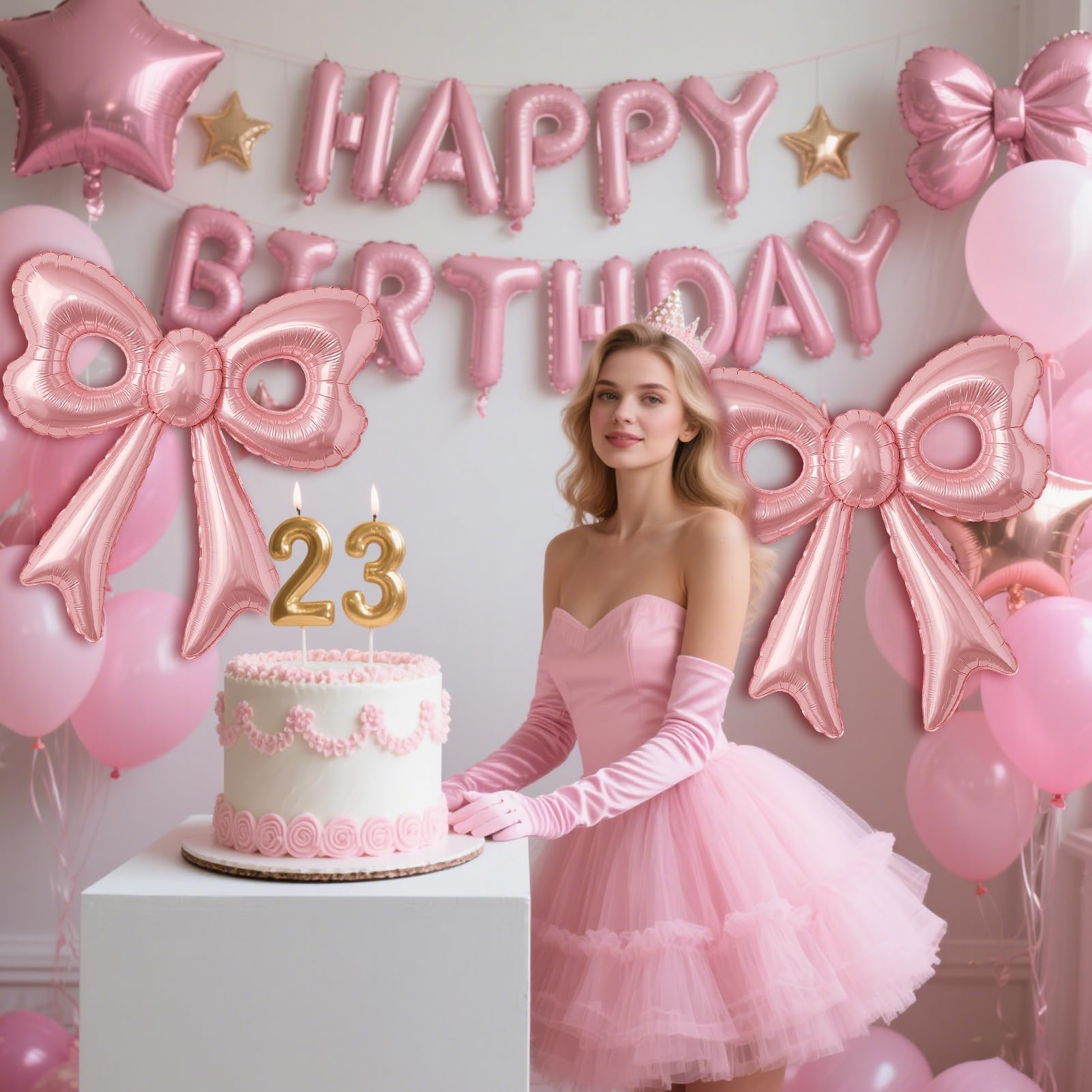BSRESIN Pink Happy Birthday Balloons – 31-Inch Pink Bow Balloons + 16-Inch Birthday Balloon