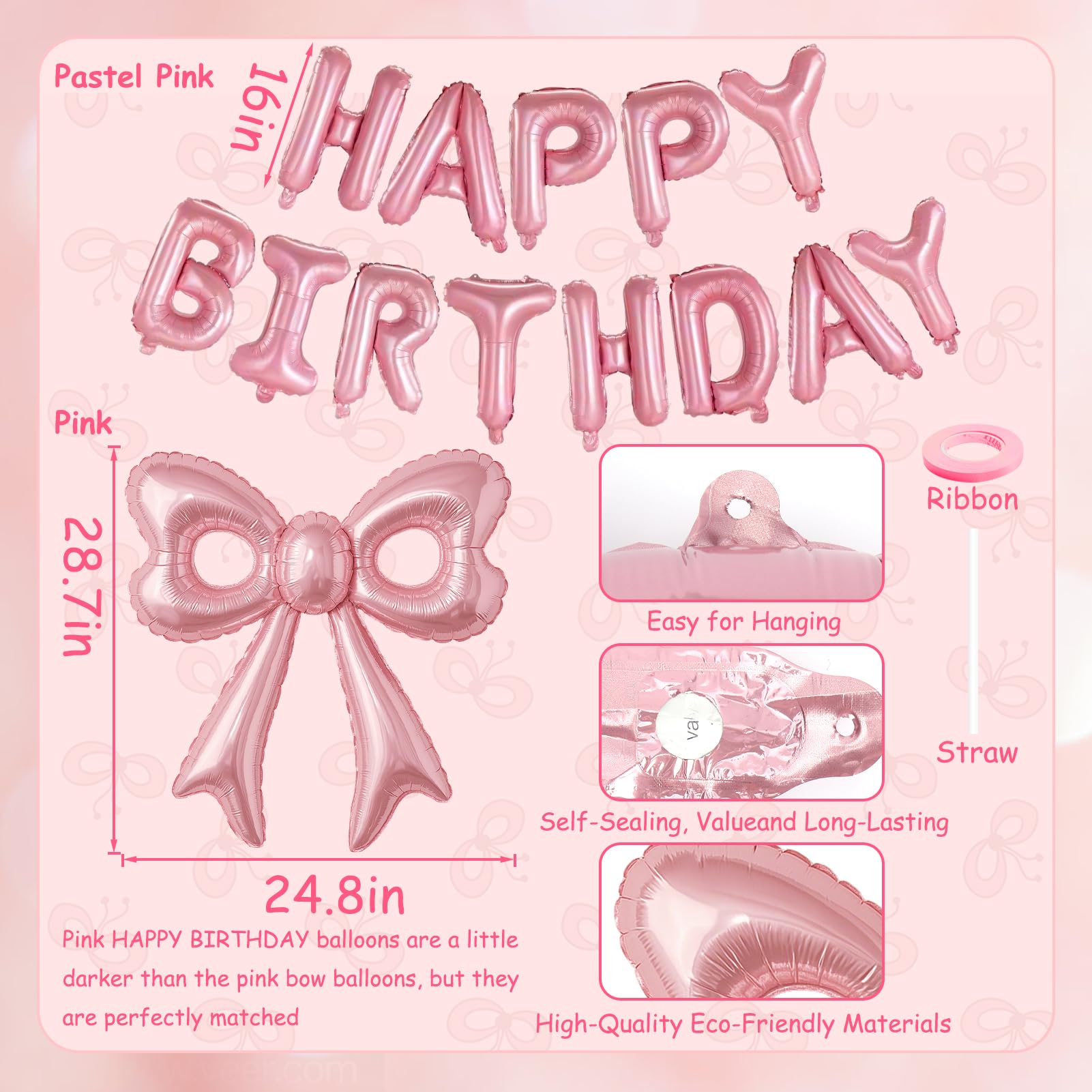 BSRESIN Pink Happy Birthday Balloons – 31-Inch Pink Bow Balloons + 16-Inch Birthday Balloon