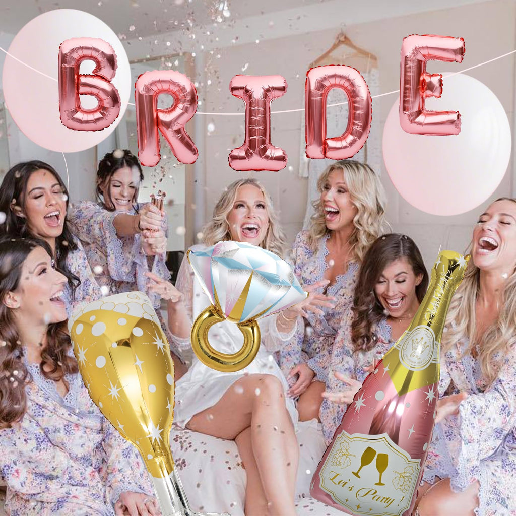 BSRESIN 9 Pcs Rose Gold Bride Balloons – BRIDE Letter, Champagne & Goblet Foil Decor
