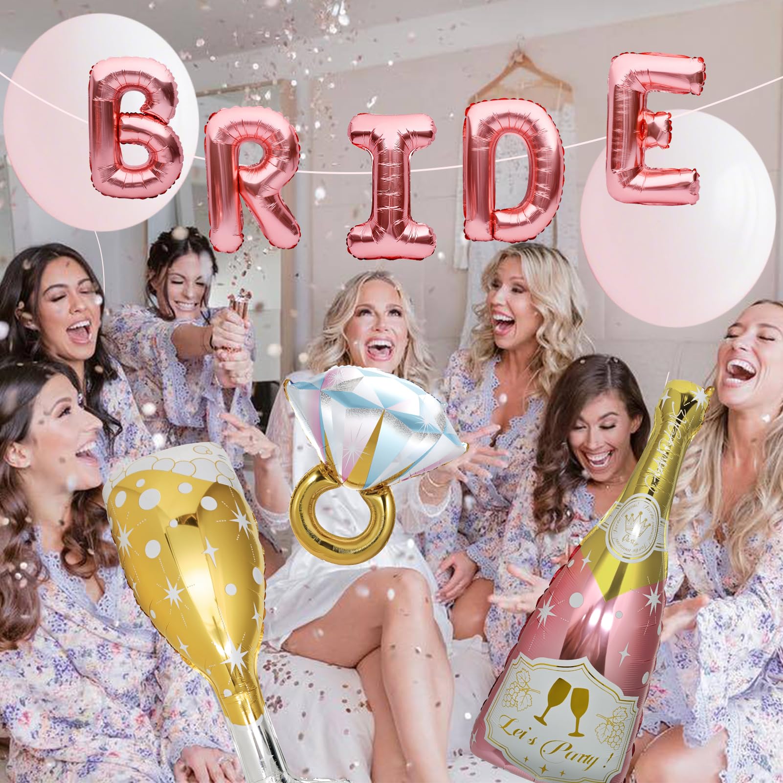 BSRESIN 9 Pcs Rose Gold Bride Balloons – BRIDE Letter, Champagne & Goblet Foil Decor