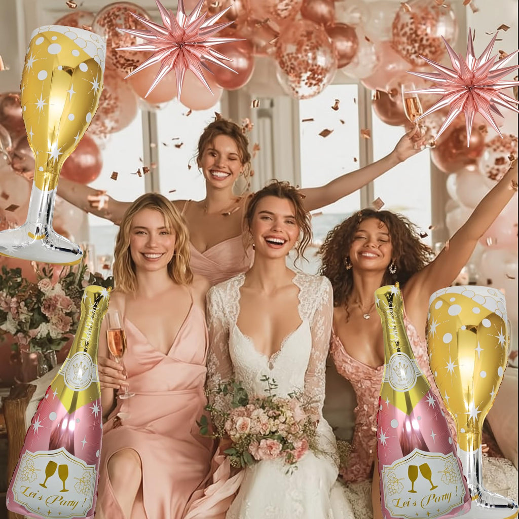 BSRESIN 91 Pcs Rose Gold Balloons Set – Champagne Bottle & Goblet Foil Balloons for Weddings & Parties