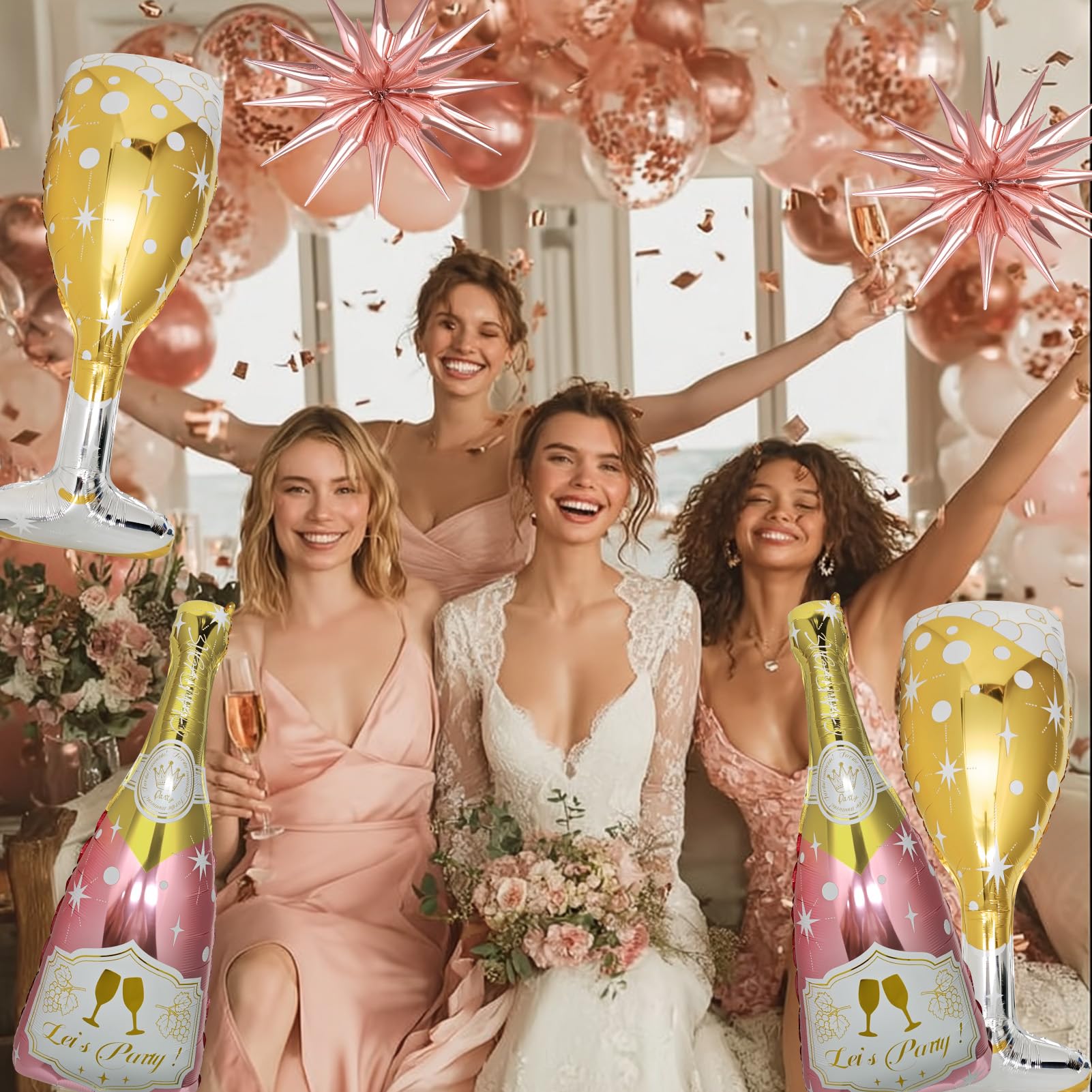 BSRESIN 91 Pcs Rose Gold Balloons Set – Champagne Bottle & Goblet Foil Balloons for Weddings & Parties