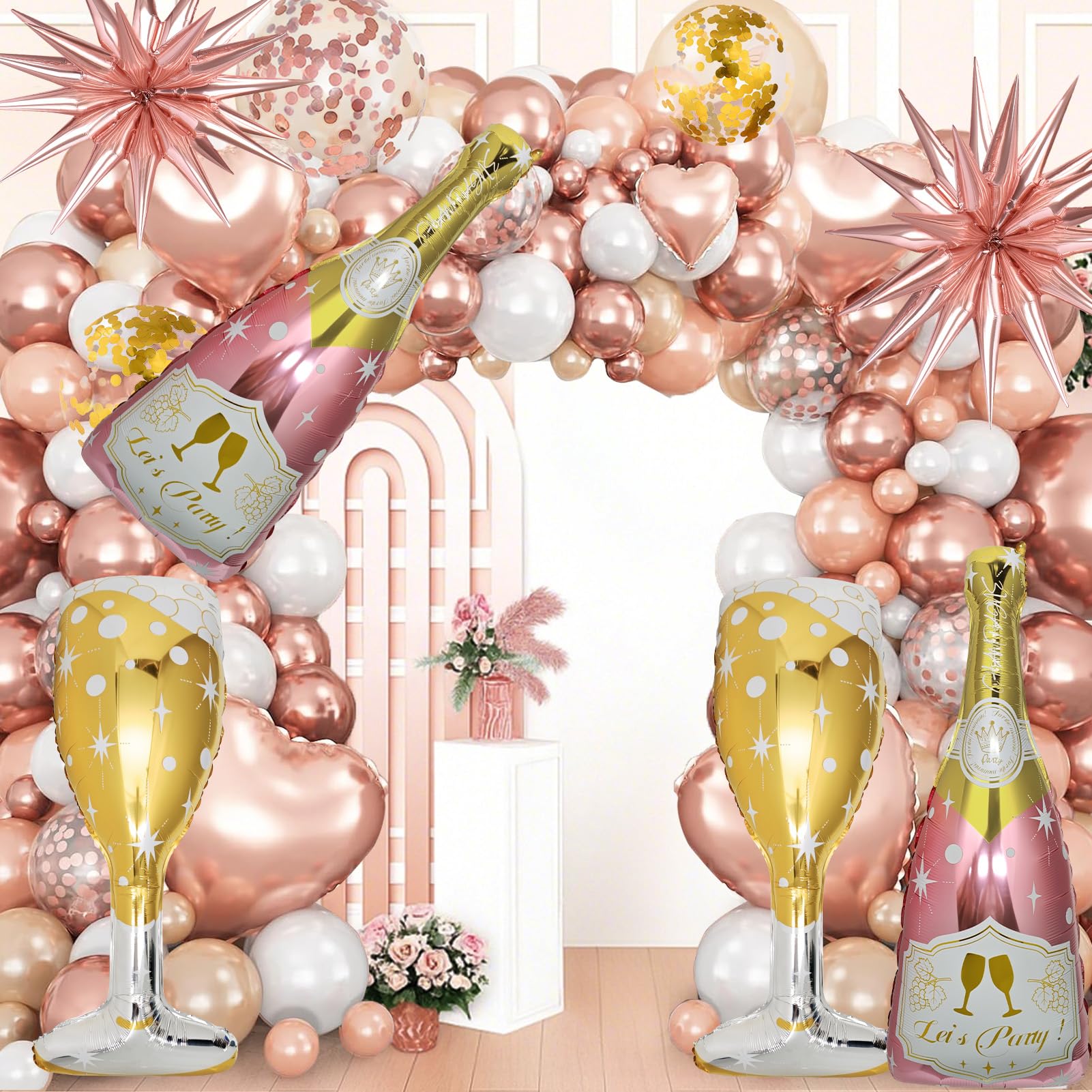 BSRESIN 91 Pcs Rose Gold Balloons Set – Champagne Bottle & Goblet Foil Balloons for Weddings & Parties