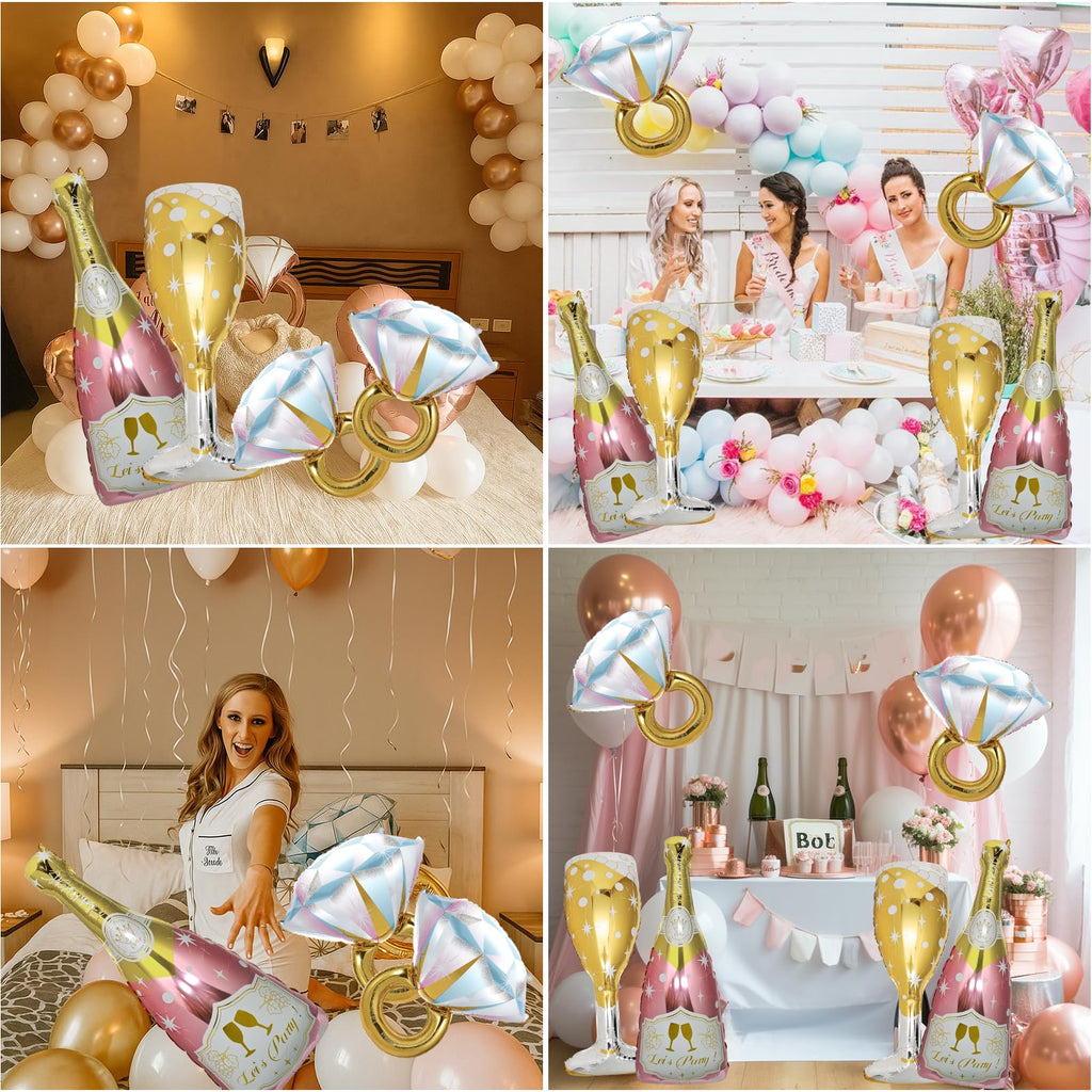 BSRESIN 4 Pcs Rose Gold Bachelorette Balloons: Champagne Bottle, Goblet & Ring Foil Set