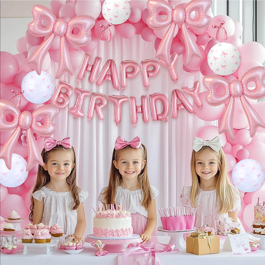 BSRESIN Pink Happy Birthday Balloons – 31-Inch Pink Bow Balloons + 16-Inch Birthday Balloon
