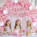 BSRESIN Pink Happy Birthday Balloons – 31-Inch Pink Bow Balloons + 16-Inch Birthday Balloon