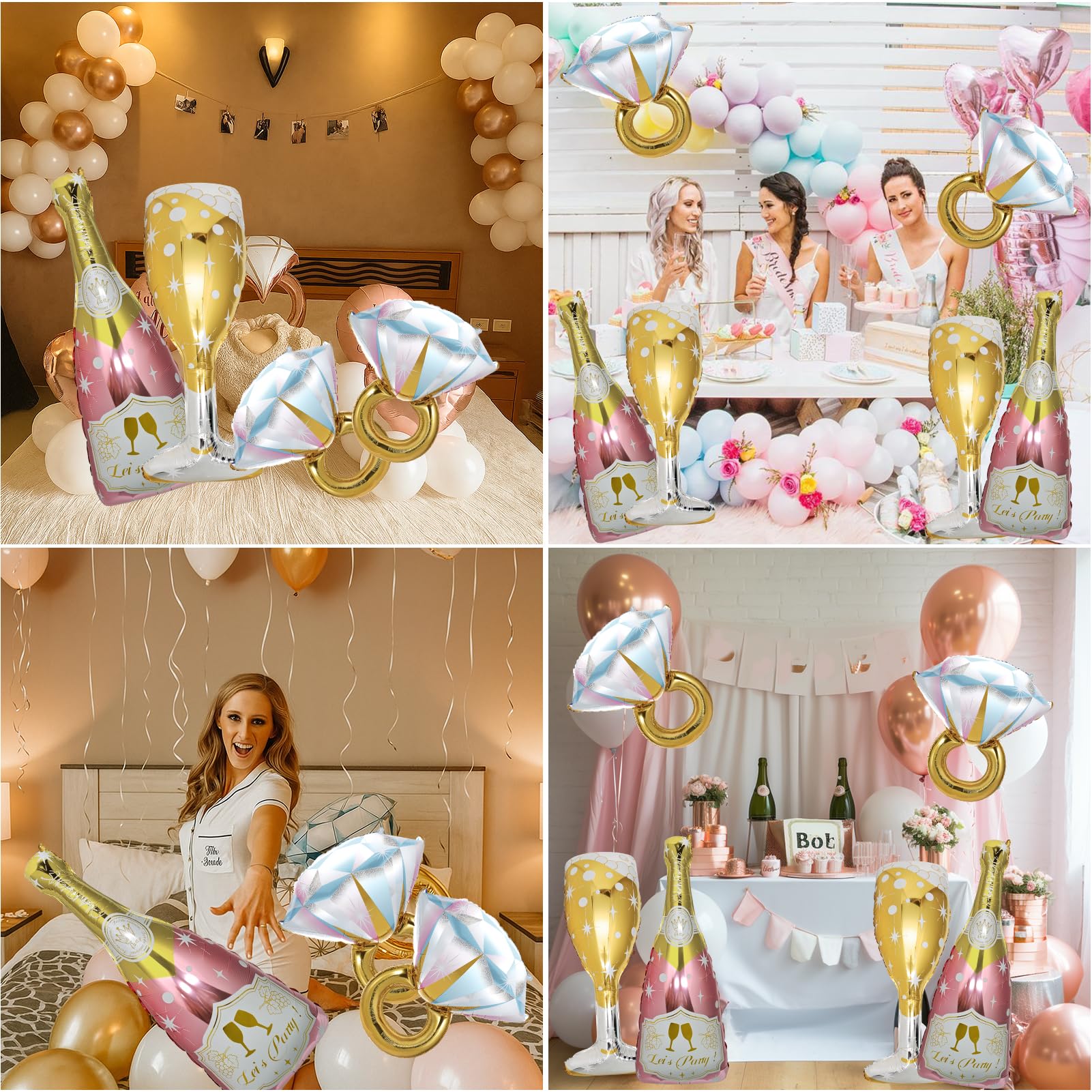 BSRESIN 4 Pcs Diamond Ring Balloons – Large Glitter Foil Ring Balloons for Bridal Shower, Wedding & More