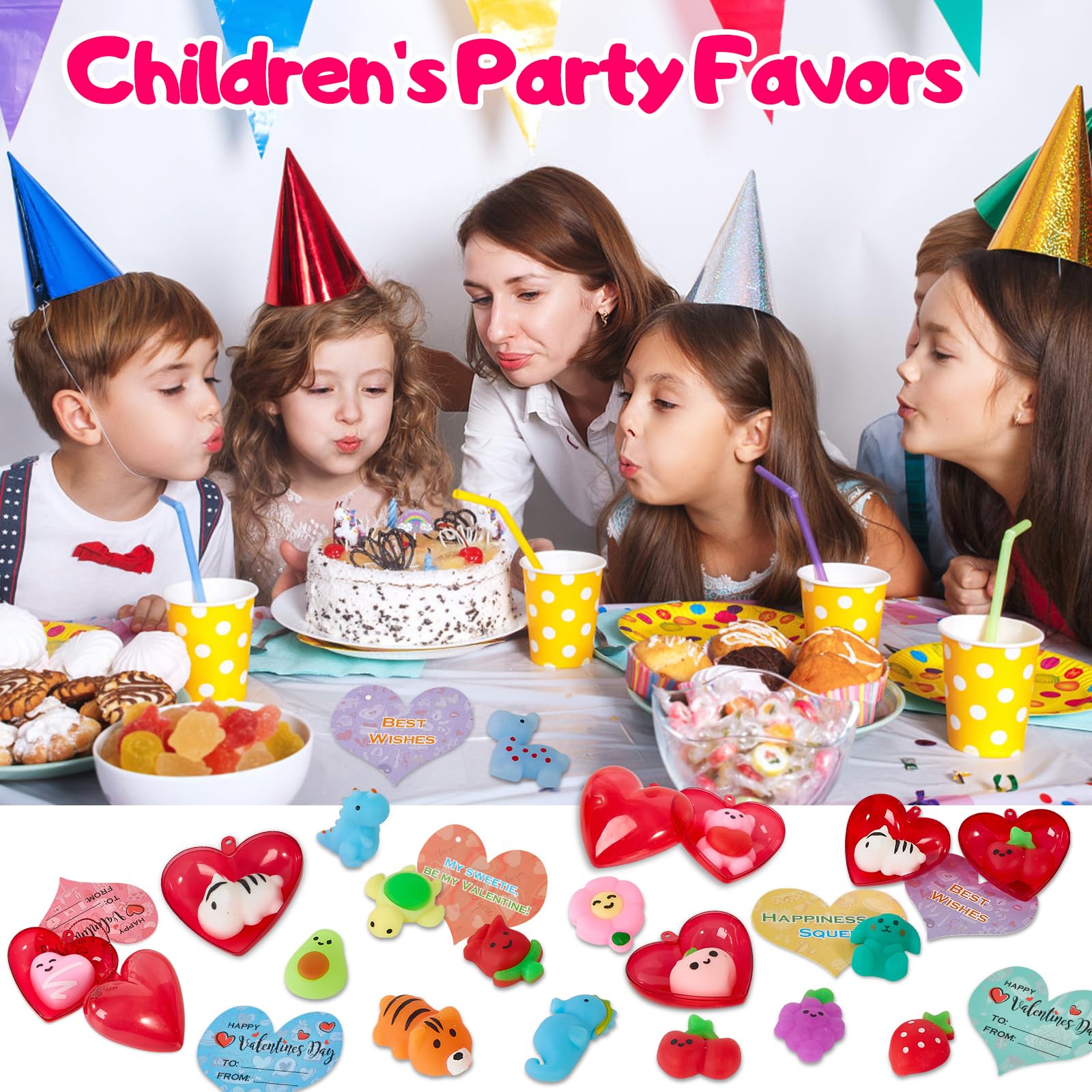 Budbof 28-Pack Valentines Day Gifts for Kids – Mochi Squishies with Cards & Party Favors