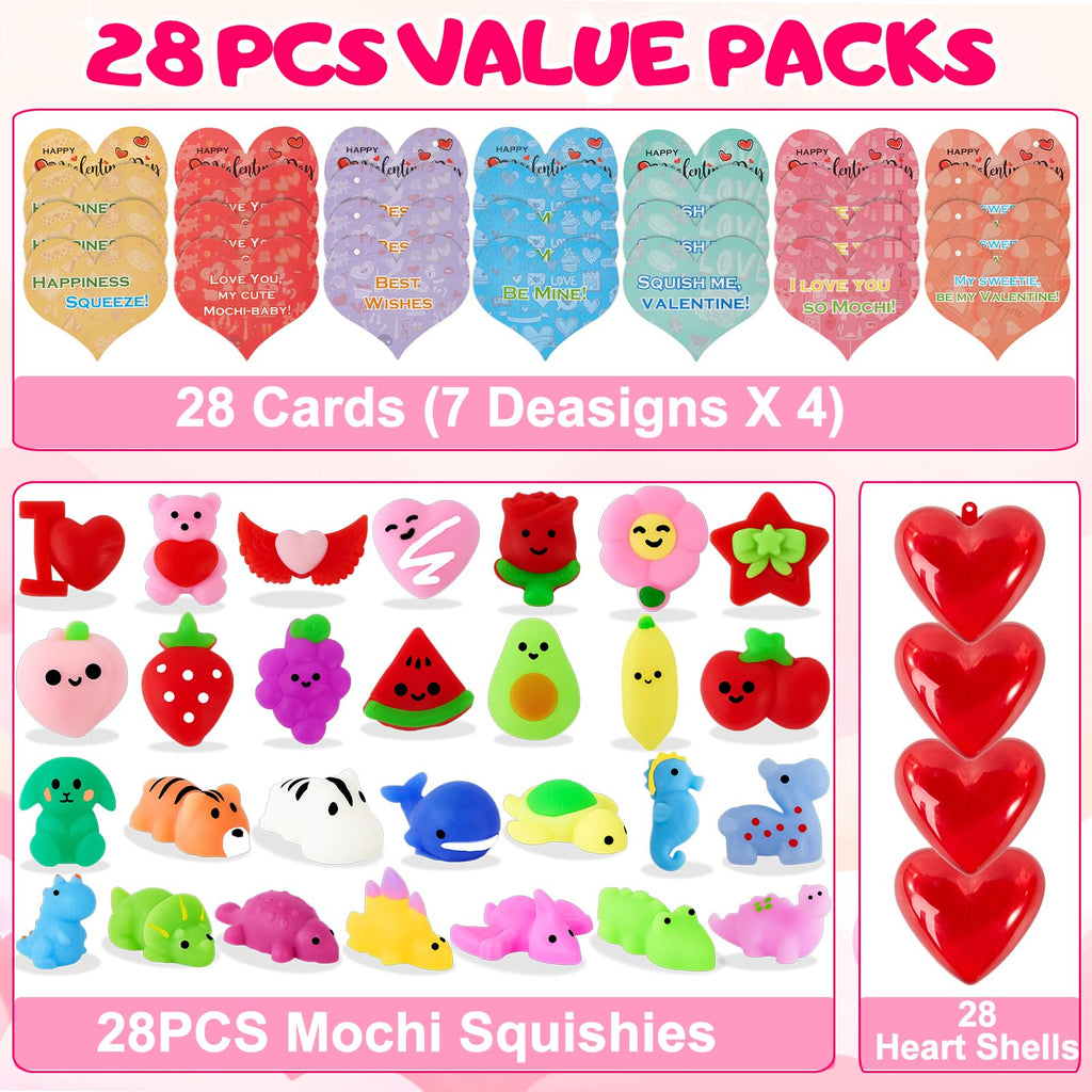 Budbof 28-Pack Valentines Day Gifts for Kids – Mochi Squishies with Cards & Party Favors