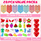 Budbof 28-Pack Valentines Day Gifts for Kids – Mochi Squishies with Cards & Party Favors