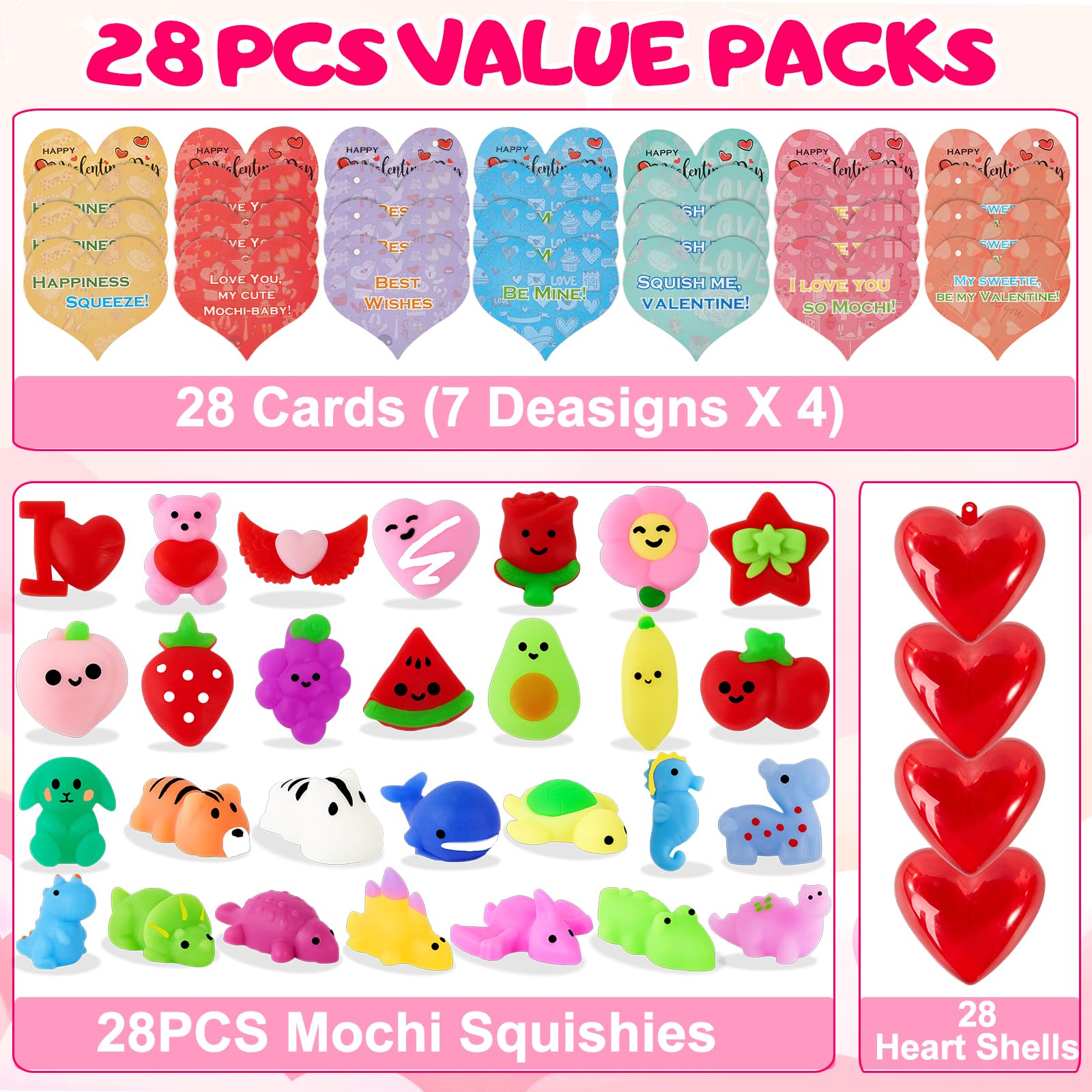 Budbof 28-Pack Valentines Day Gifts for Kids – Mochi Squishies with Cards & Party Favors