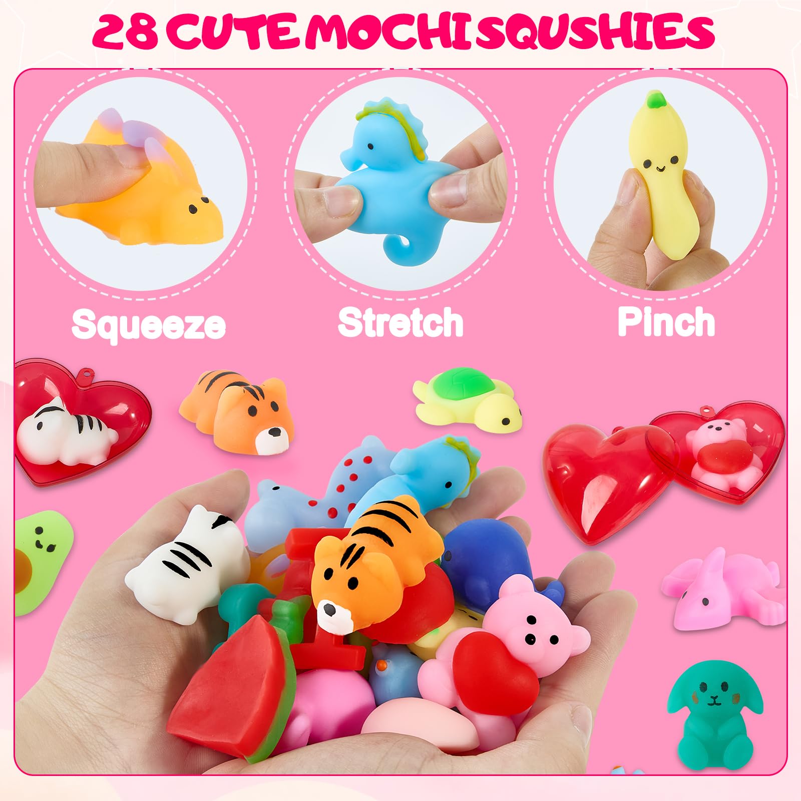 Budbof 28-Pack Valentines Day Gifts for Kids – Mochi Squishies with Cards & Party Favors