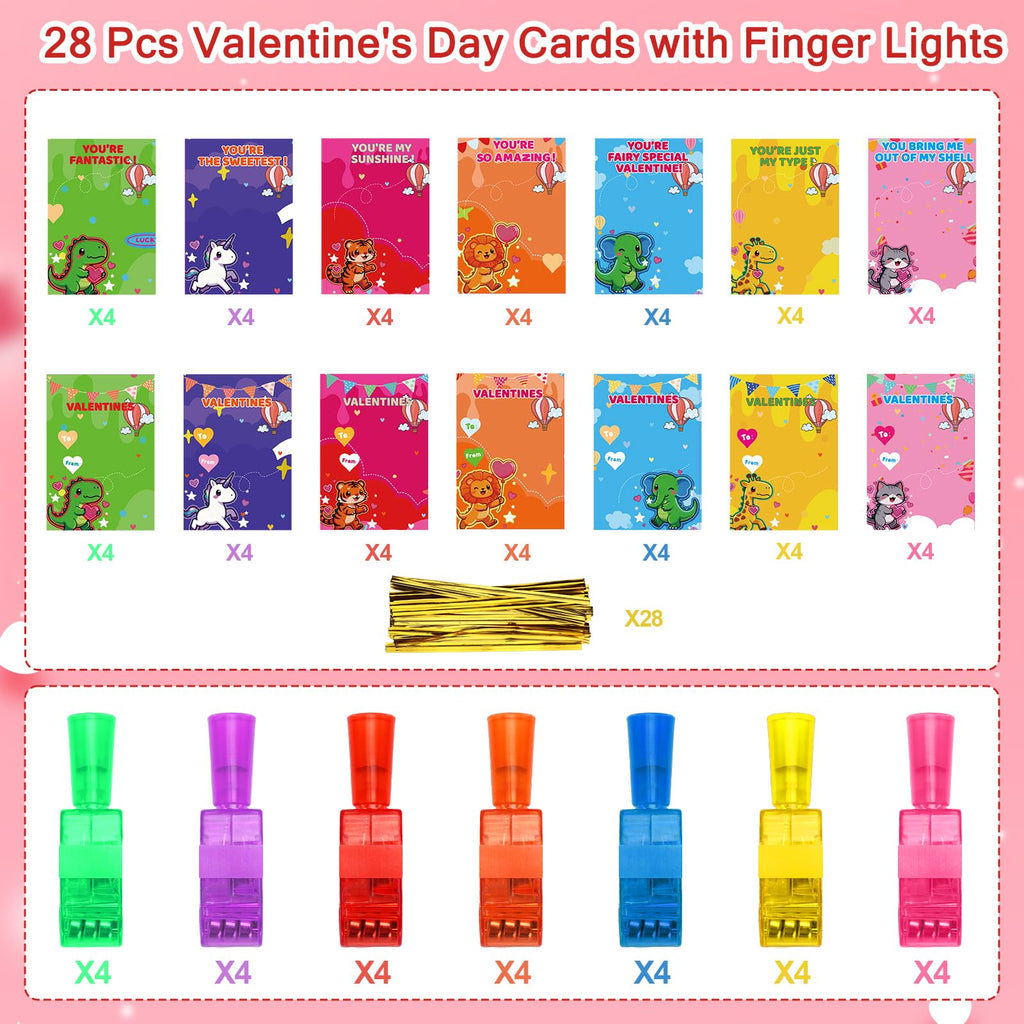 Budbof 28-Pack Valentines Cards with Glow-in-the-Dark Finger Lights | Classroom Party Gifts