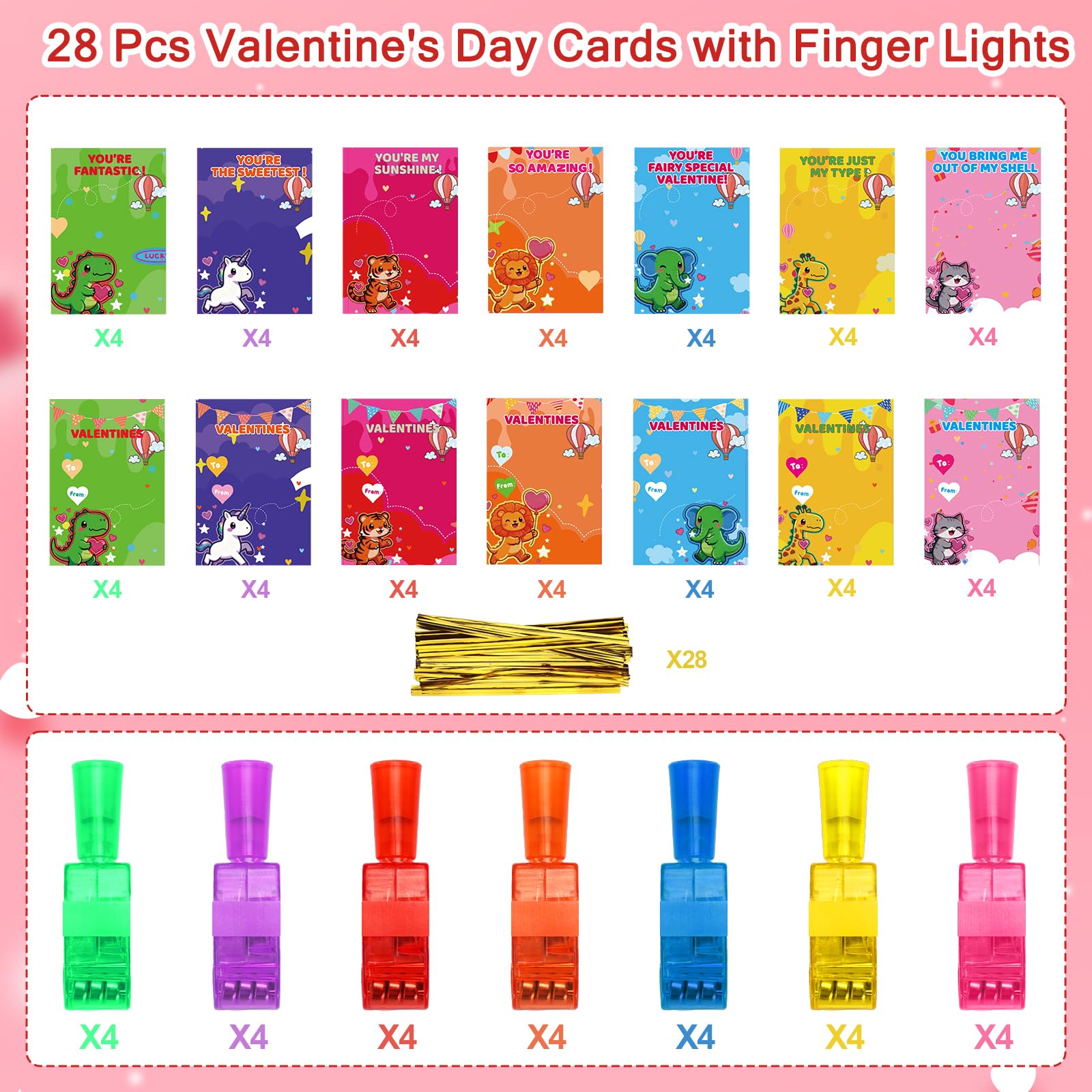 Budbof 28-Pack Valentines Cards with Glow-in-the-Dark Finger Lights | Classroom Party Gifts