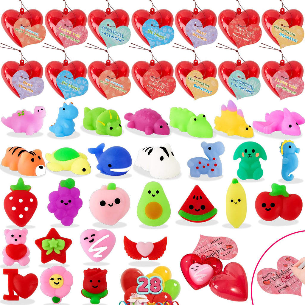 Budbof 28-Pack Valentines Day Gifts for Kids – Mochi Squishies with Cards & Party Favors
