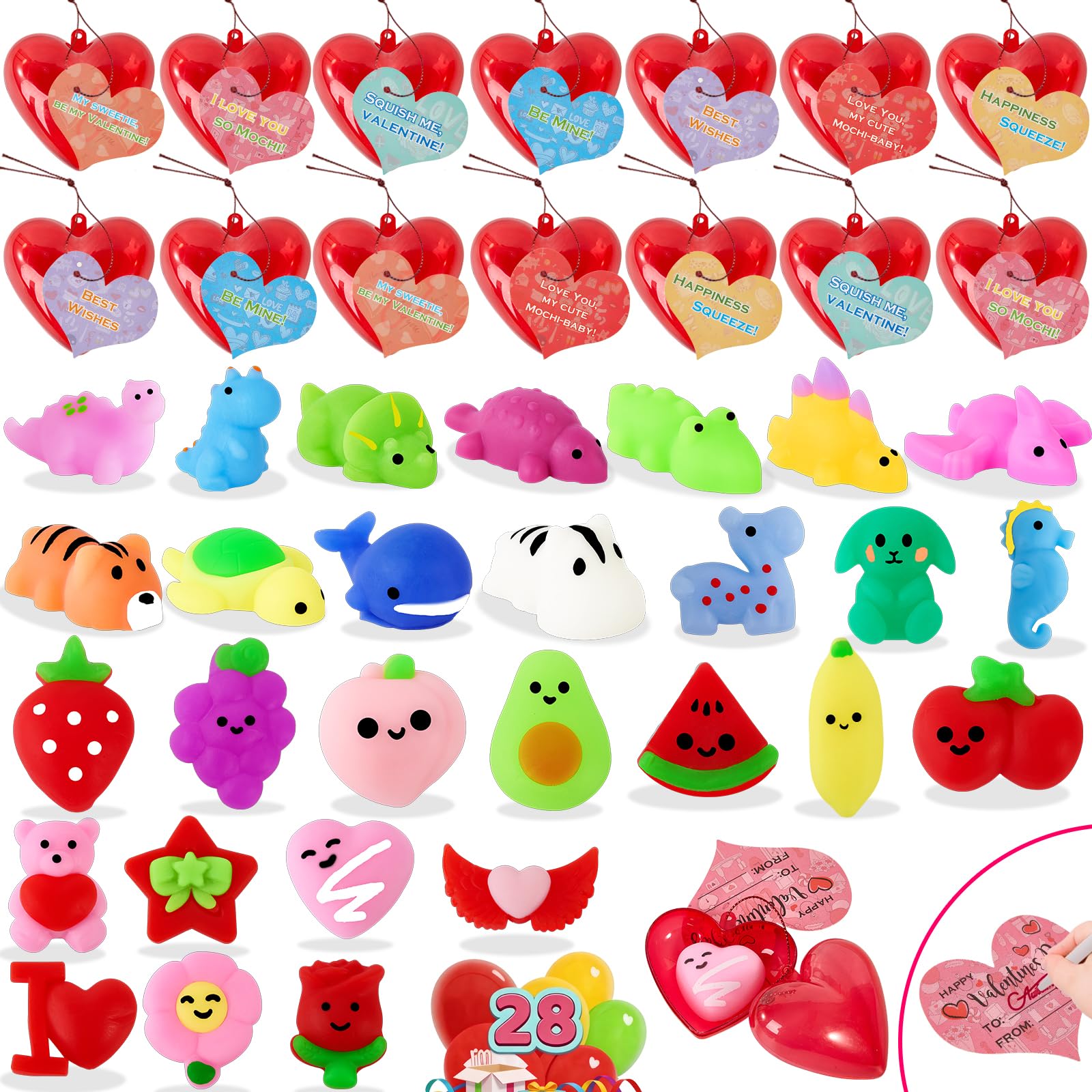Budbof 28-Pack Valentines Day Gifts for Kids – Mochi Squishies with Cards & Party Favors