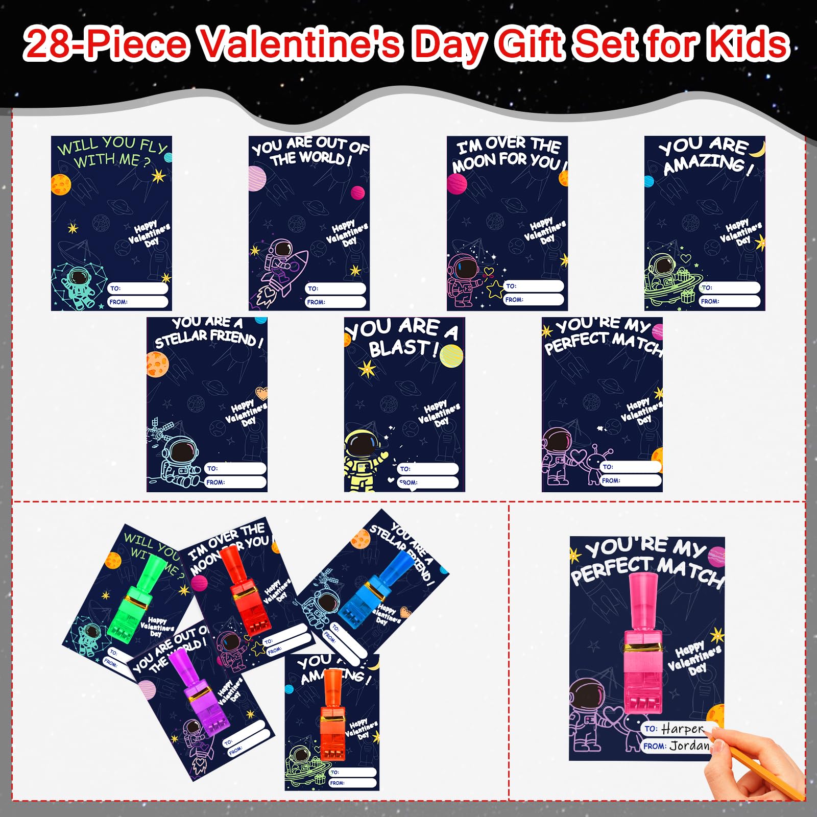 Budbof 28-Pack Valentines LED Finger Lights with Cards | Classroom Party Favors