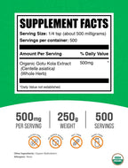 BulkSupplements.com Organic Gotu Kola Extract Powder - Gotu Kola Powder from Centella Asiatica Herb - Gluten Free, 500mg per Serving, 250g (8.8 oz) (Pack of 1)