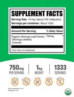 BulkSupplements Organic Moringa Extract Powder – 750mg per Serving, 1kg | Vegan & Gluten Free
