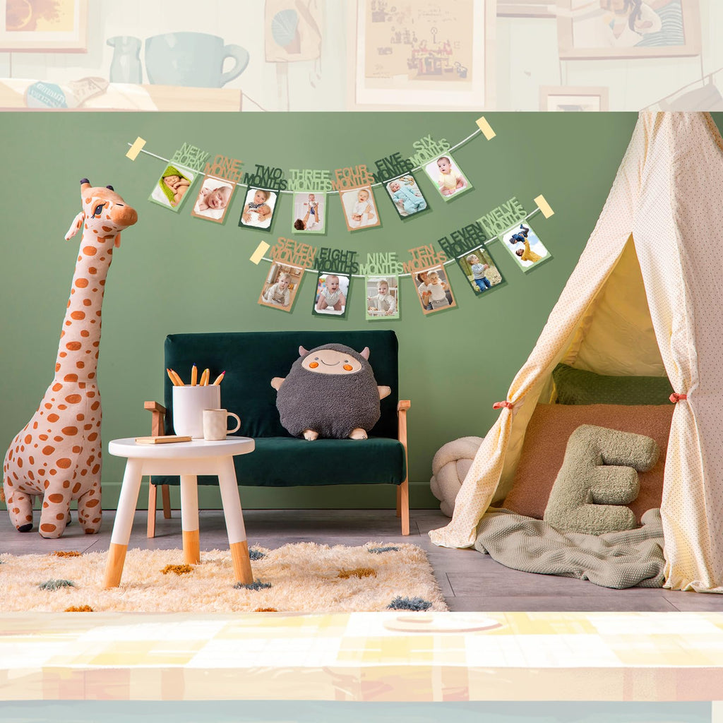 Buryeah Green & Kraft 1st Birthday Photo Banner — Newborn to 12 Months Milestone Garland