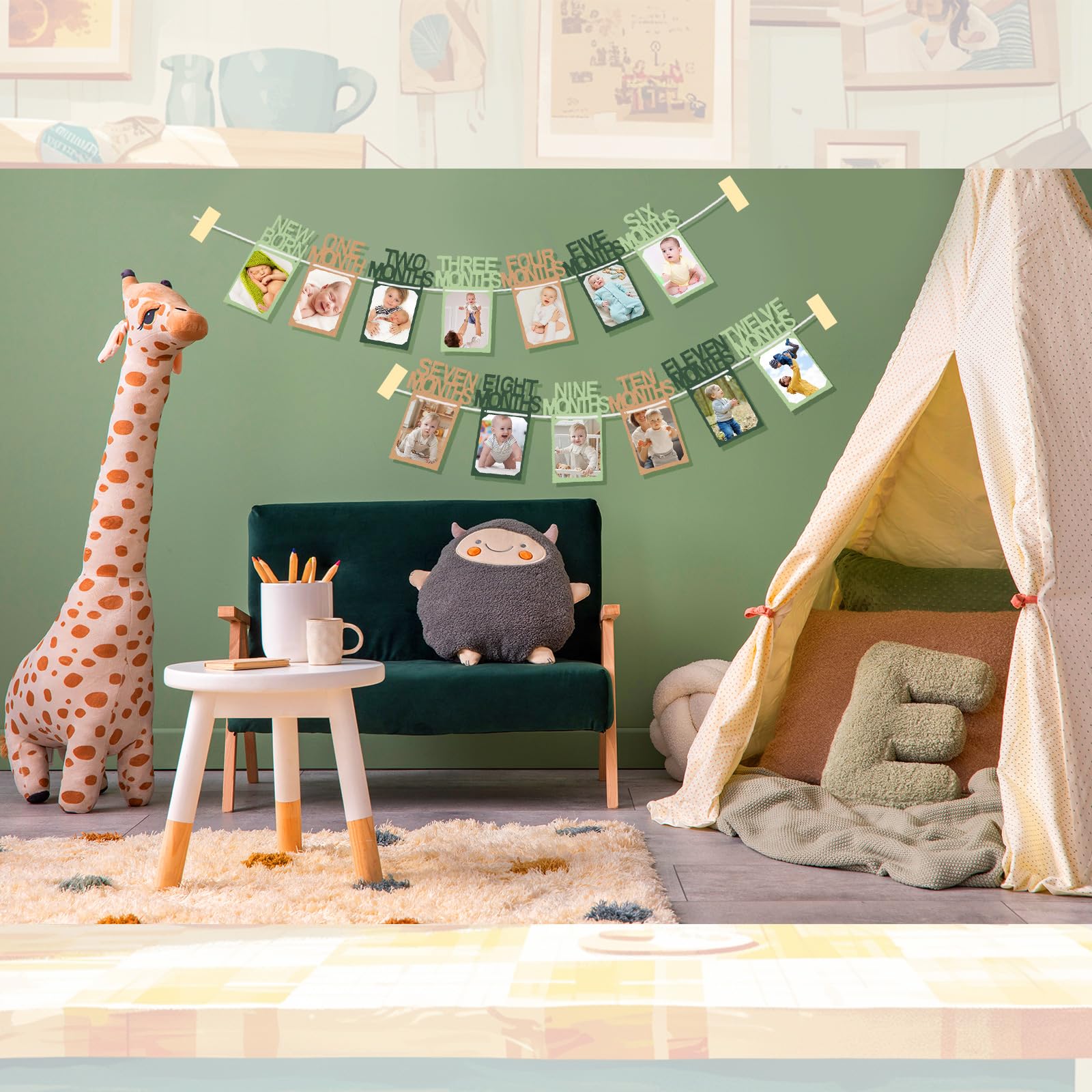 Buryeah Green & Kraft 1st Birthday Photo Banner — Newborn to 12 Months Milestone Garland