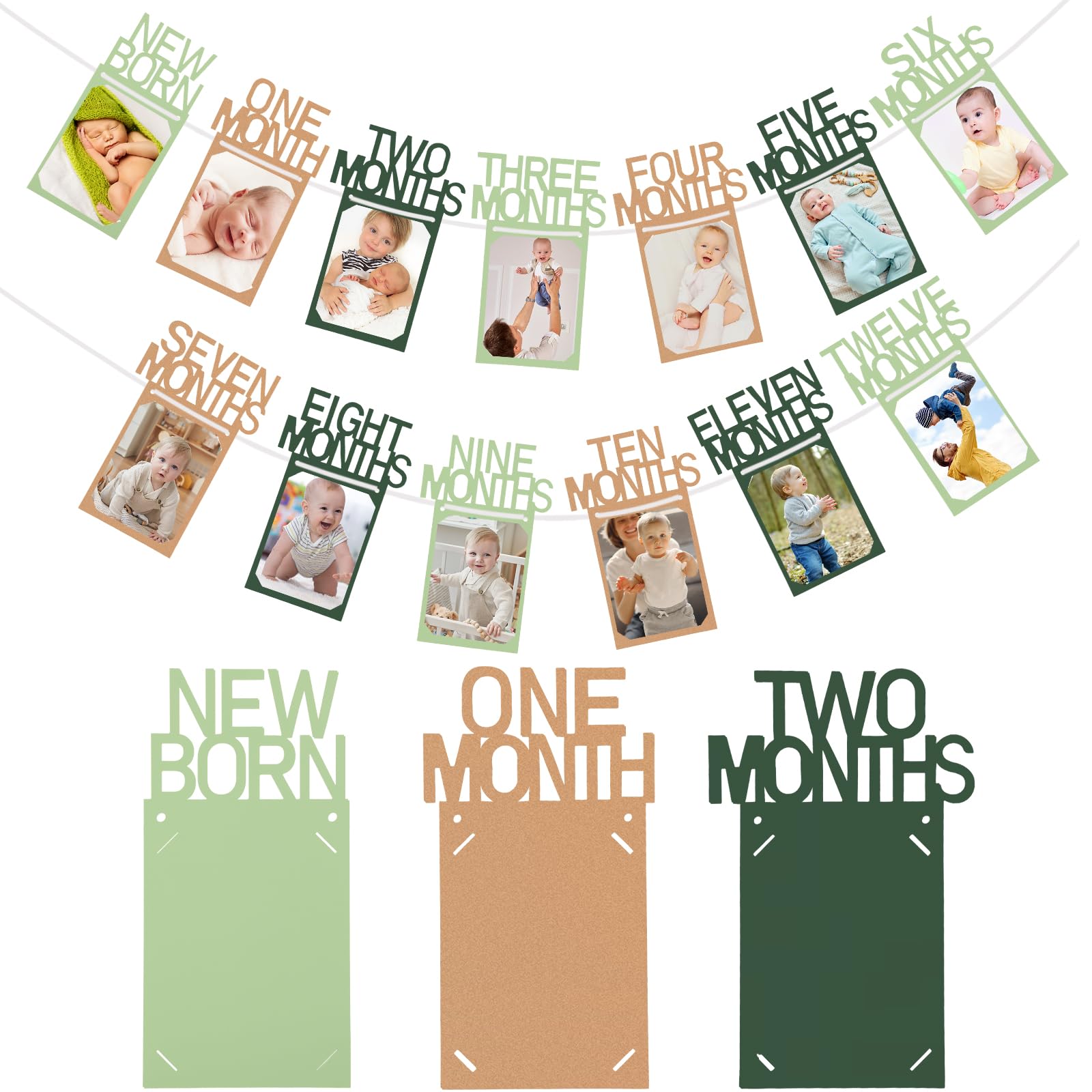 Buryeah Green & Kraft 1st Birthday Photo Banner — Newborn to 12 Months Milestone Garland