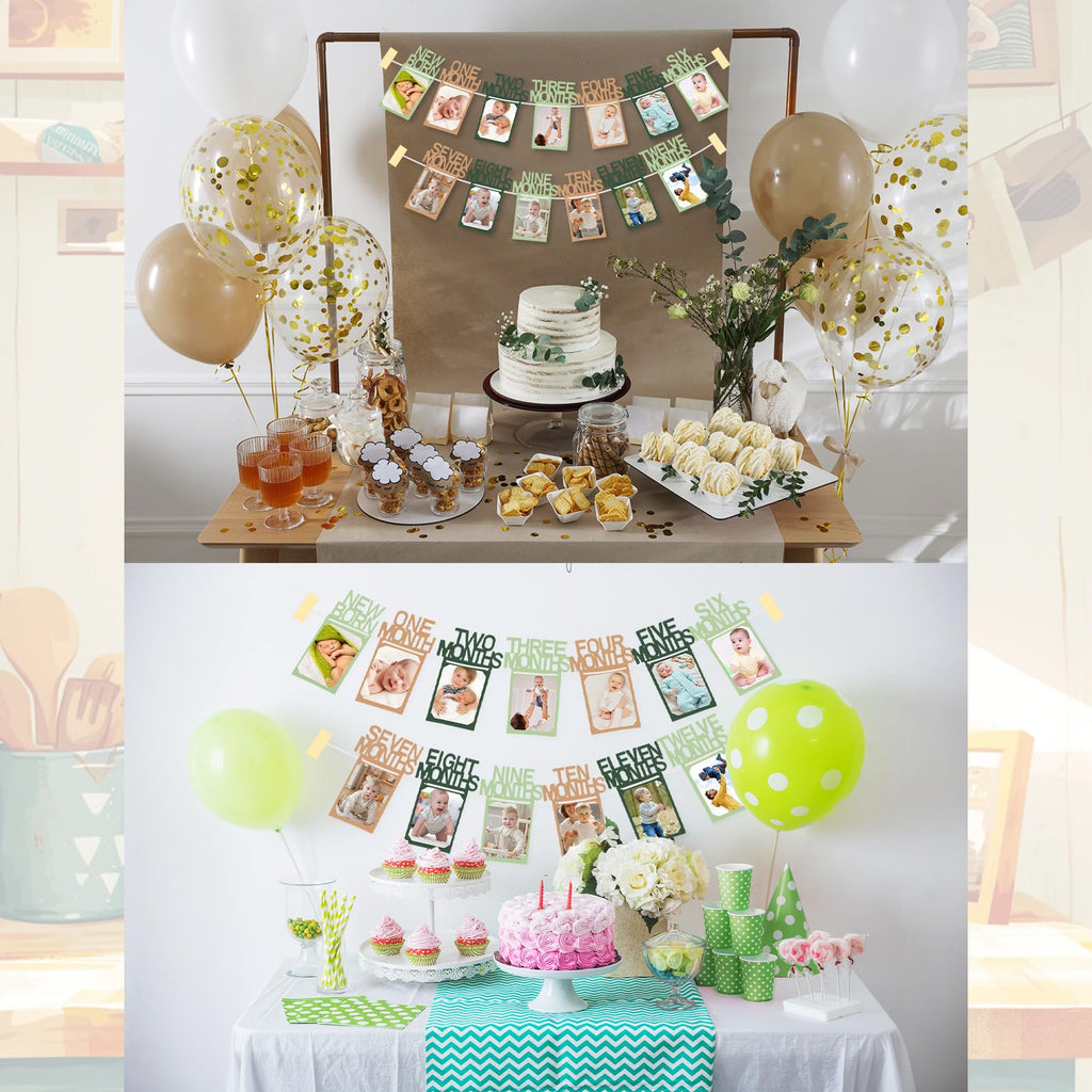 Buryeah Green & Kraft 1st Birthday Photo Banner — Newborn to 12 Months Milestone Garland