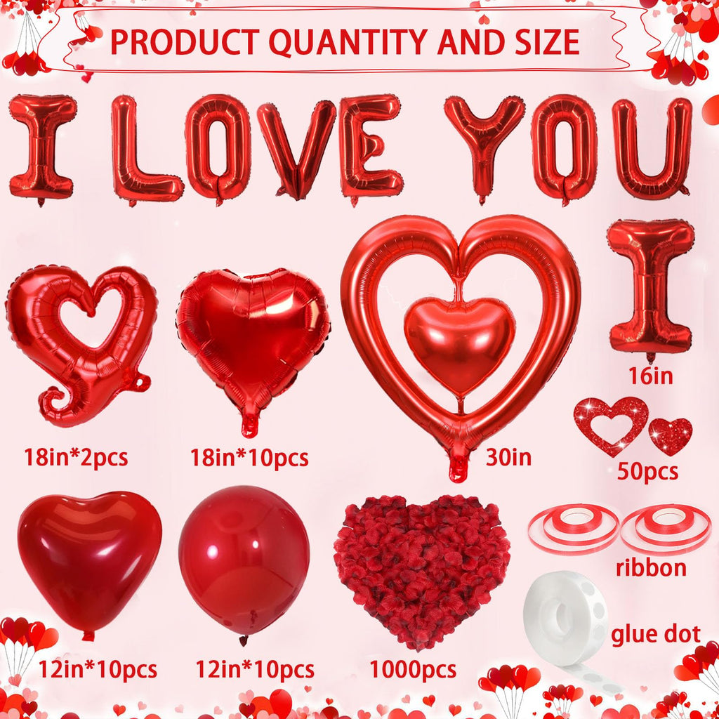 Butiomom Valentines Day Decorations – I LOVE YOU Balloons, Red Rose Petals & Heart Balloons Set