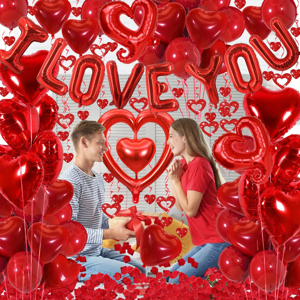 Butiomom Valentines Day Decorations – I LOVE YOU Balloons, Red Rose Petals & Heart Balloons Set