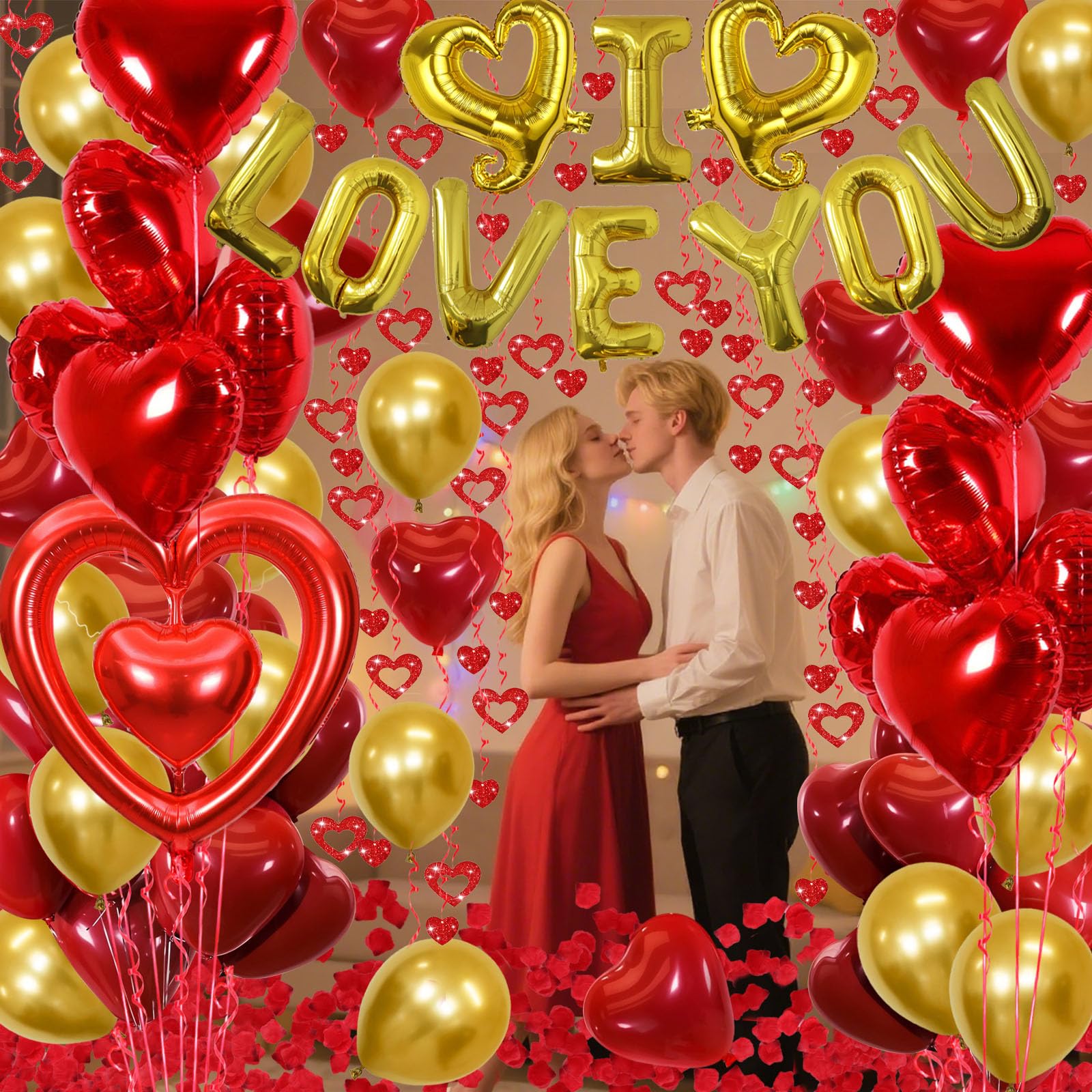 Butiomom Valentines Day Decorations — Gold I LOVE YOU Balloons & Rose Petals