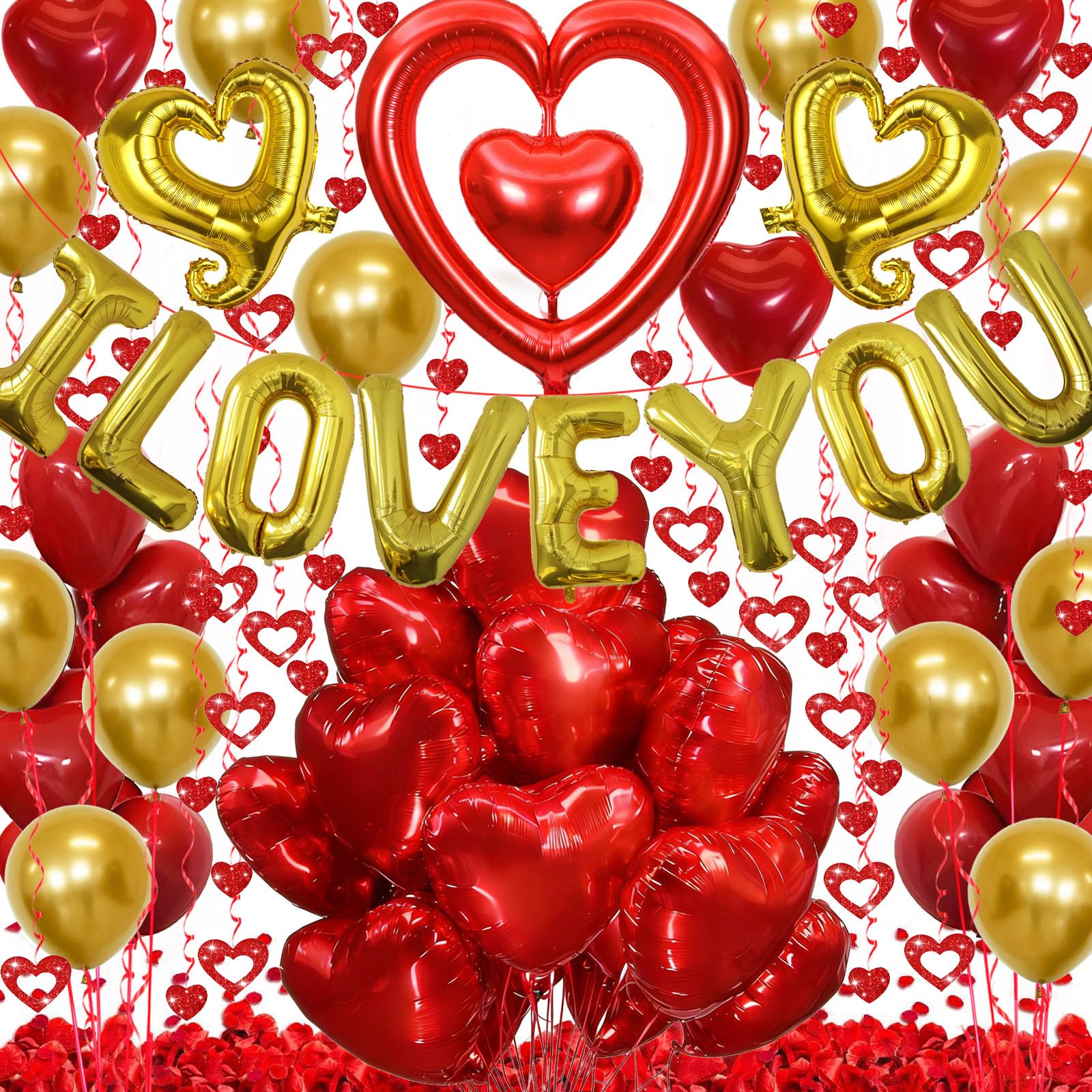 Butiomom Valentines Day Decorations — Gold I LOVE YOU Balloons & Rose Petals