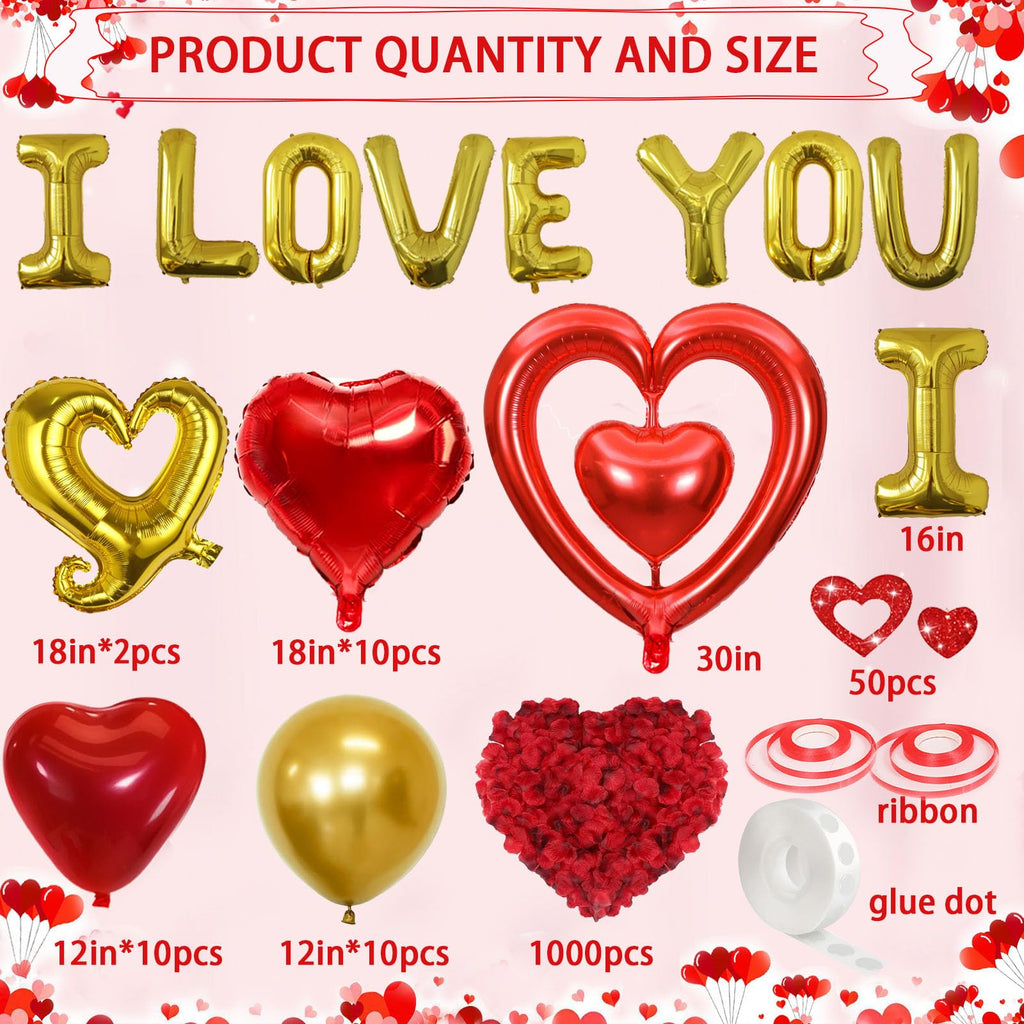Butiomom Valentines Day Decorations — Gold I LOVE YOU Balloons & Rose Petals