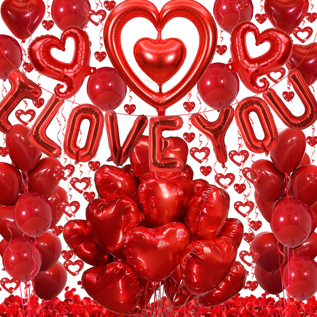 Butiomom Valentines Day Decorations – I LOVE YOU Balloons, Red Rose Petals & Heart Balloons Set