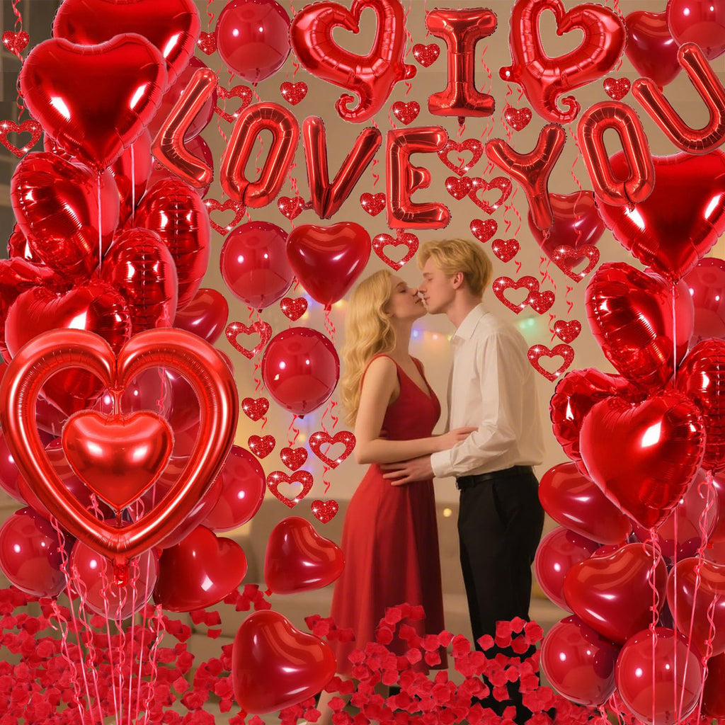 Butiomom Valentines Day Decorations – I LOVE YOU Balloons, Red Rose Petals & Heart Balloons Set