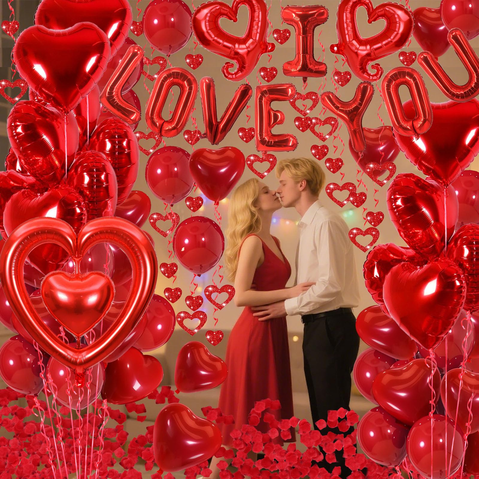 Butiomom Valentines Day Decorations – I LOVE YOU Balloons, Red Rose Petals & Heart Balloons Set